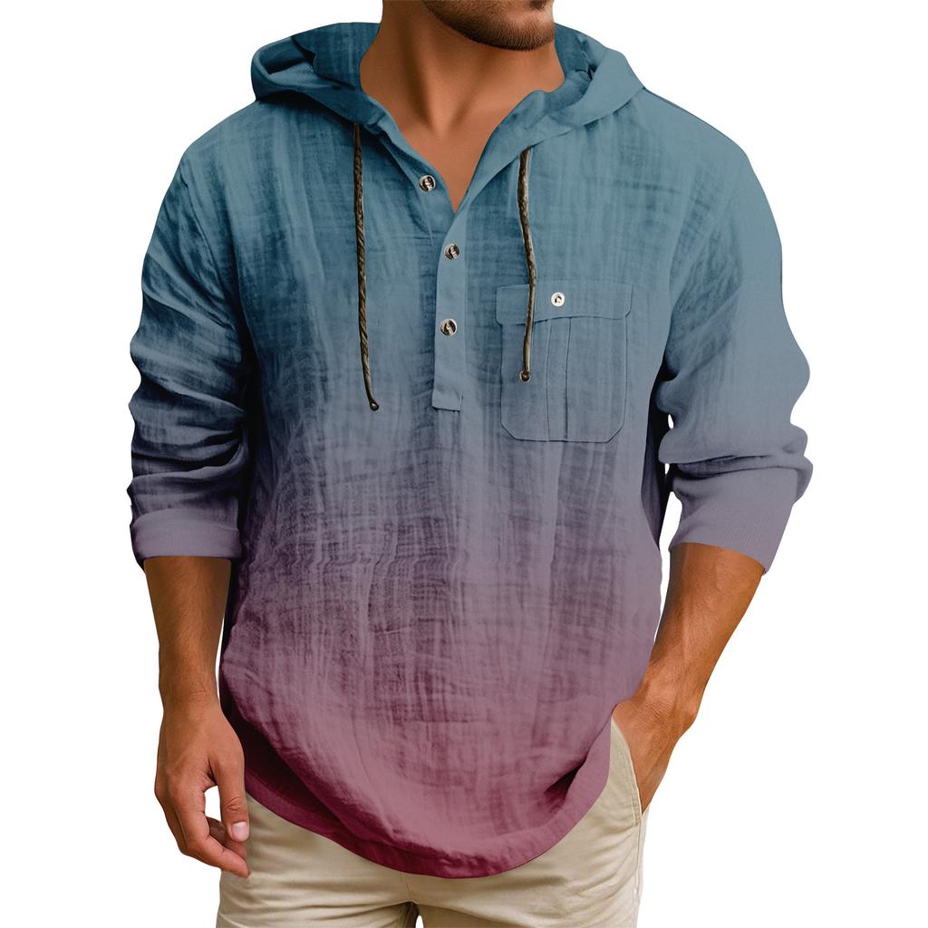 Herren Kapuzen-T-Shirt Farbverlauf Baumwolle und Leinen Herren Freizeit Langarm Oberteil