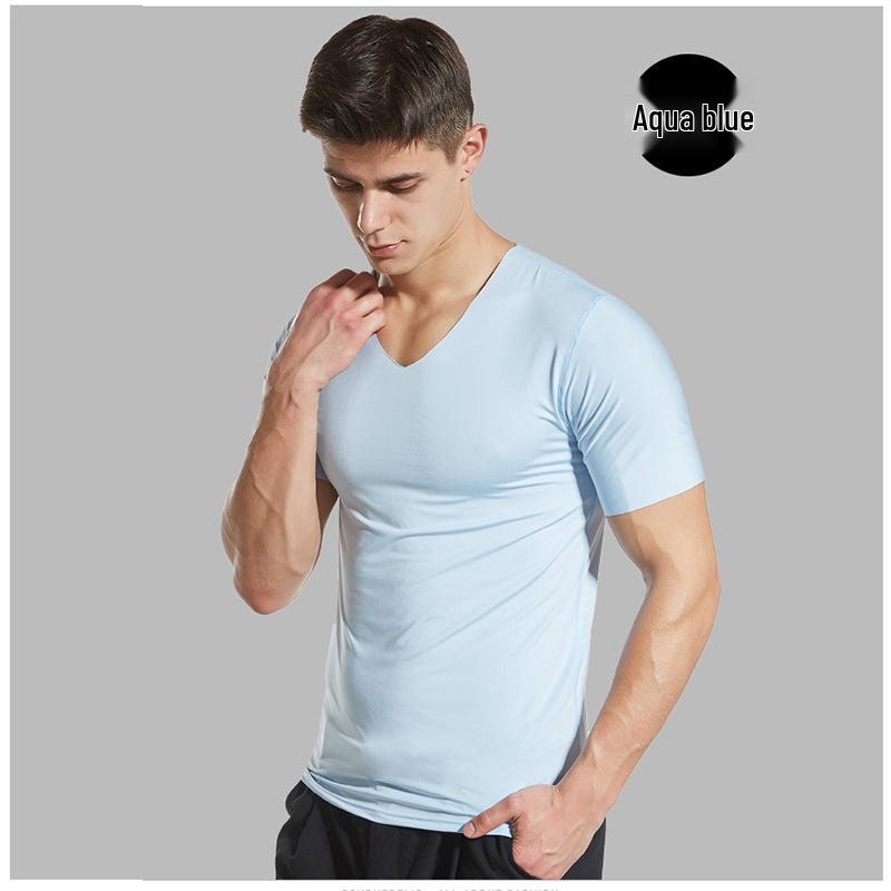 Bezešvé tričko s krátkým rukávem a výstřihem do V z ledového hedvábí, Slim Fit, Prodyšné, Jednobarevné