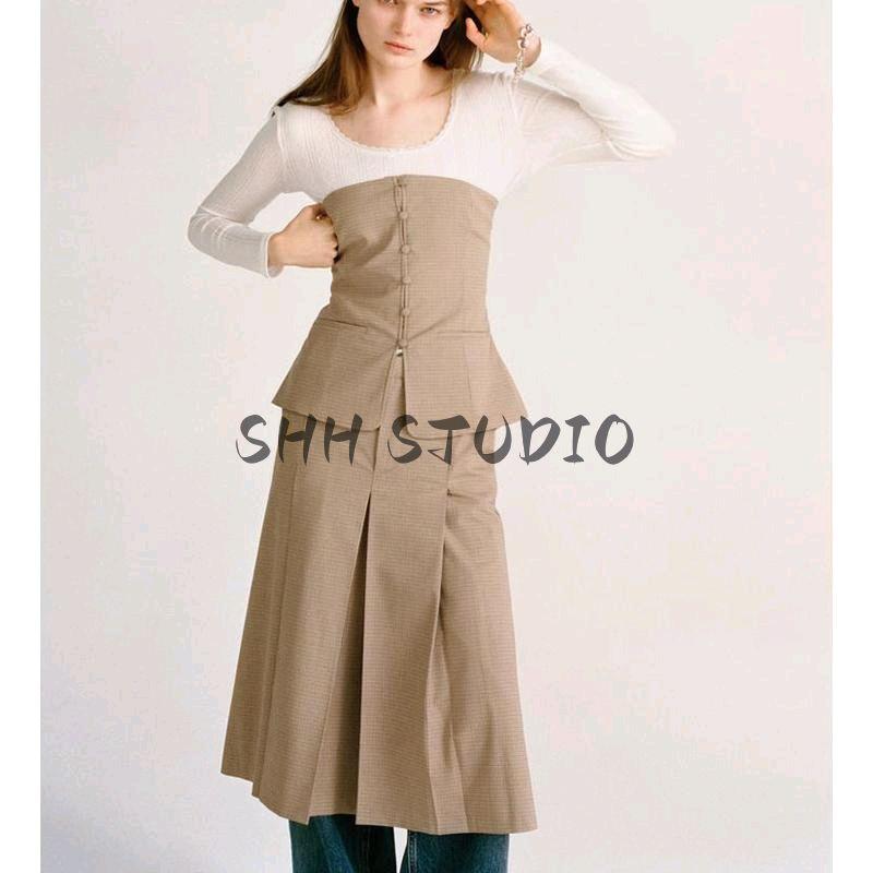 Spring New Wide Pleat Plaid Midi Dress 3152401 Tube Top Straight Collar Strapless Sleeveless Top 3067002