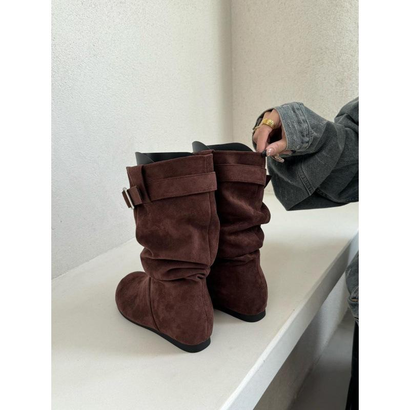Inner Height Increase Small Suede Stacking Boots Medium Tube Knight Boots Women's Shoes 2025 New Autumn and Winter Medium Tube Boots Children
