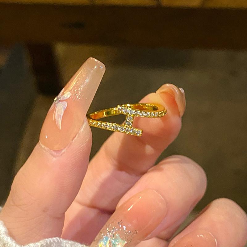 Real gold electroplated zircon cross opening ring, personality niche design sense index finger ring, light luxury high-end sense jewelry women