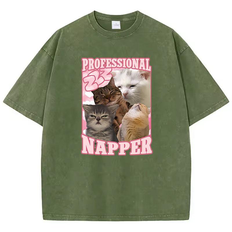 Aesthetics Kawaii Cat T Shirt Vintage Washed Cotton T-Shirt Graphic Tee Casual Streetwear Spring Summer Clothes