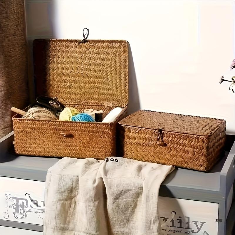 Vintage Handgewebter Aufbewahrungskorb, Geschenk-Aufbewahrungsbox, Schreibtisch-Kleinteile-Aufbewahrungsbox, Aufbewahrungskorb mit Schnalle und Deckel