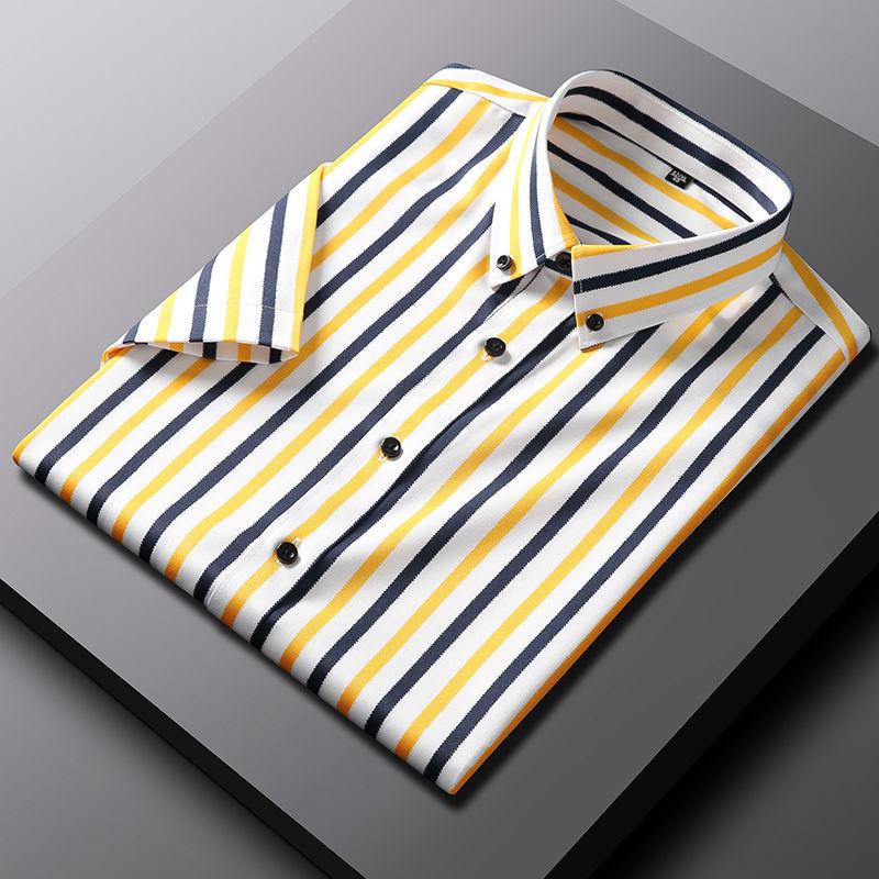Letní pánská žlutá pruhovaná strečová košile s krátkým rukávem pro mladé štíhlé podnikatele, stylová košile na knoflíčky