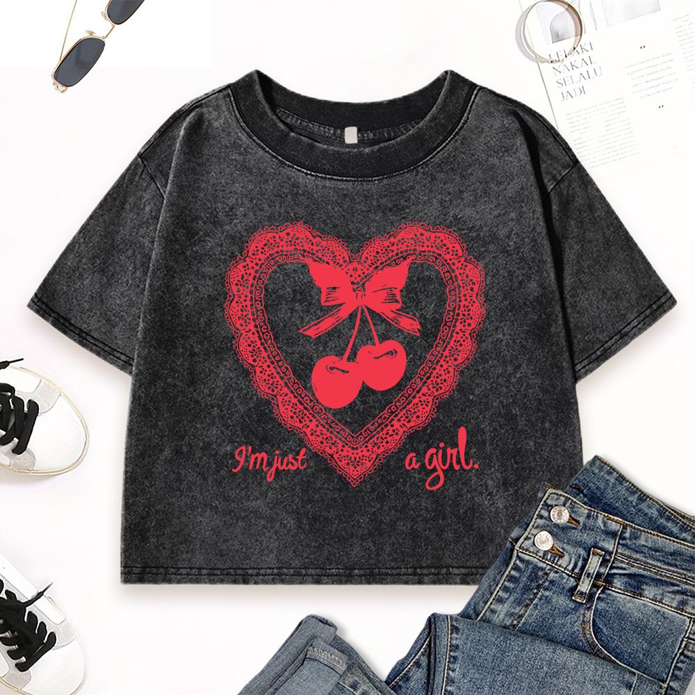 I'M Just A Gril Love Cherry Print Washed Crop T-Shirts Women Vintage Cotton Top Street Clothes Slim Summer T Shirts