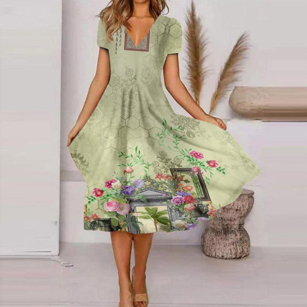 Women's Fashion And All- Summer Temperament V-neck Printed Short-sleeved Dress