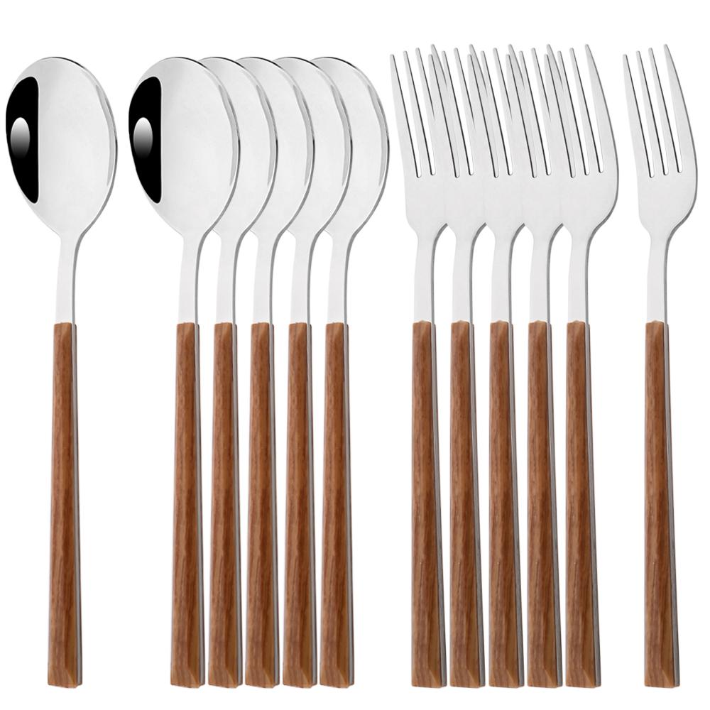 12Pcs Dinnerware Set Stainless Steel Imitation Wooden Handle Cutlery Clamp Western Tableware Dinner Fork Spoon Kitchen Accessori