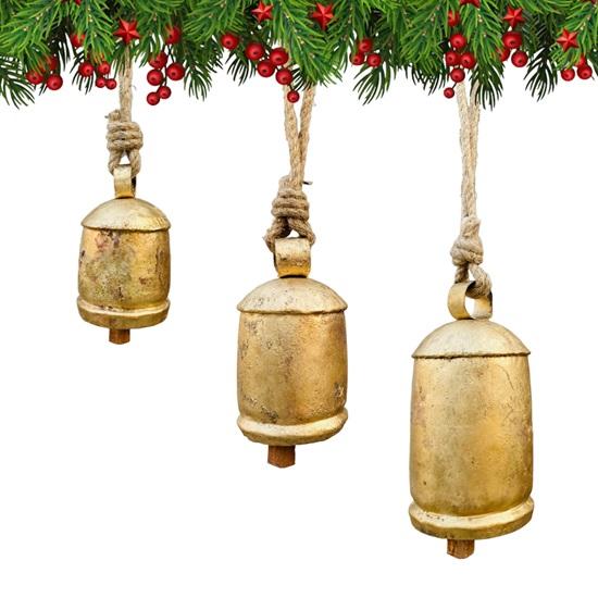 Set mit 3 handgefertigten, rustikalen Glocken zum Aufhängen an der Tür. Harmonie-Kuhglocken für glückliche Weihnachtsdekoration, Bauernhaus und Türkränze