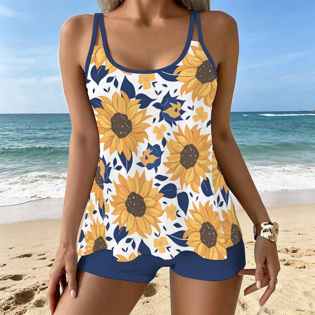 Women's Swimwear Tankini 2 Piece Swimsuit Colorful Flowers  Plant Print Vacation Bathing Suits