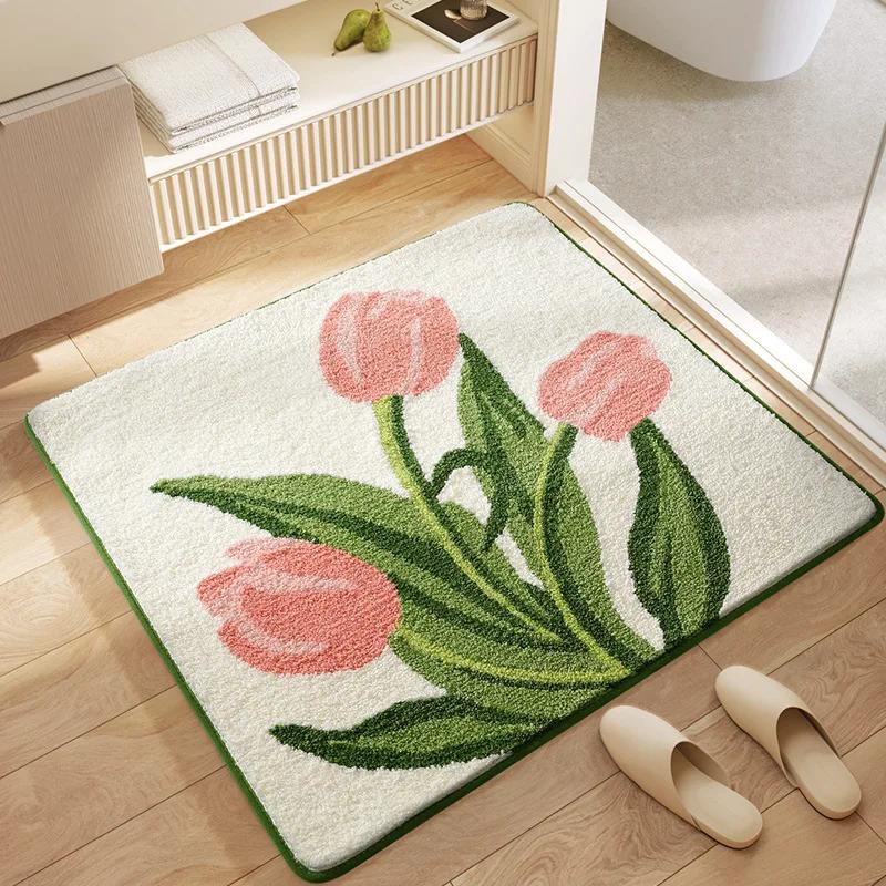 Fresh Floral Square Bath Mat, Highly Absorbent Floor Mat, High Weight Flocking, Thickened Foot Mat, Non-slip Mats Rug Carpet
