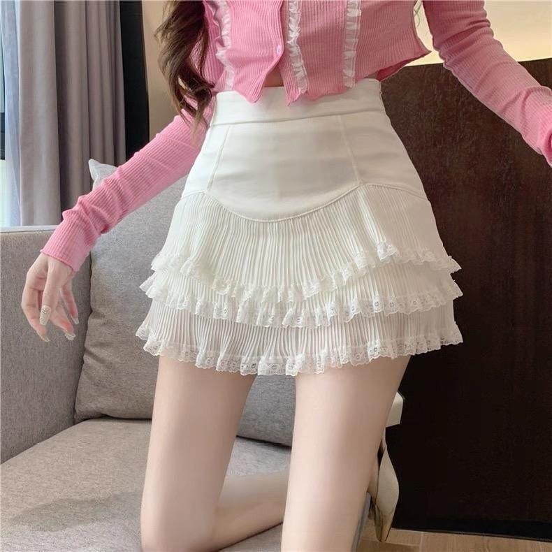 Cotton Blend Summer Womens Short Skirt With Lace Ruffle Hem For Casual Wear