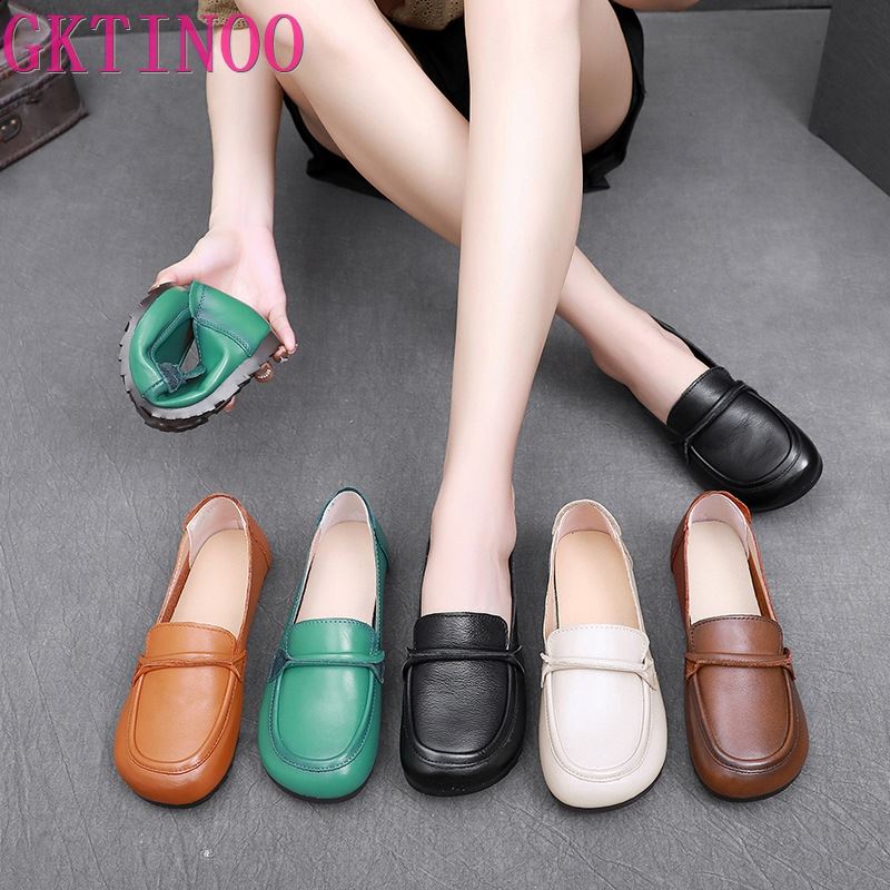 GKTINOO Women Loafers Spring Genuine Leather Comfort Flat Mother Shoes Slip-On Footwear Female Footwear Zapatos De Mujer