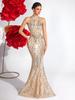 Luxuriöses gestreiftes Pailletten-Neckholder-Abendkleid mit schulterfreiem Schnitt