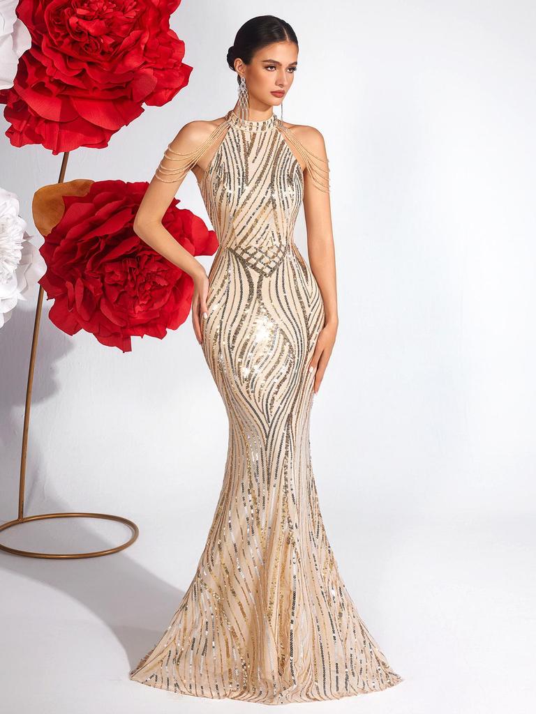 Luxuriöses gestreiftes Pailletten-Neckholder-Abendkleid mit schulterfreiem Schnitt