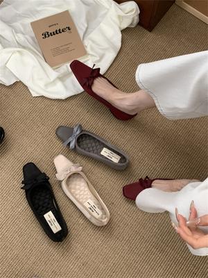 French Retro Satin Square Head Single Shoes Women's 2025 Spring and Summer New Light Mouth Bow Evening Thick Heel Ballet Shoes