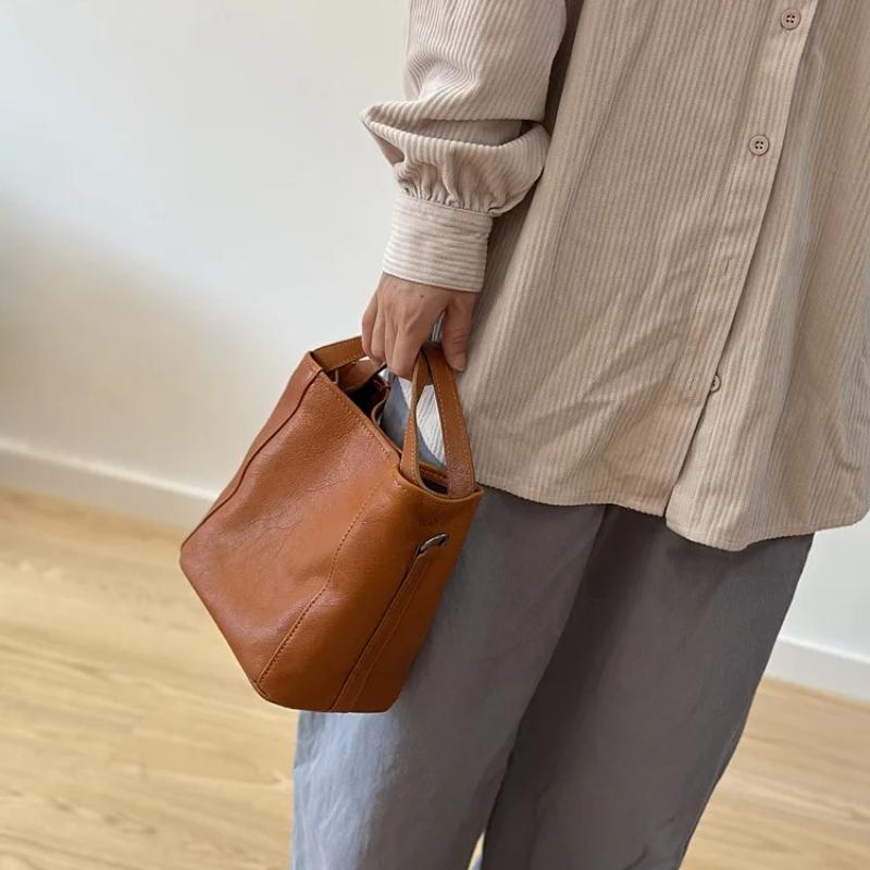 Johnature Genuine Leather Bucket Bag Casual Solid Color Women's Handbag Versatile Shoulder Crossbody Bag