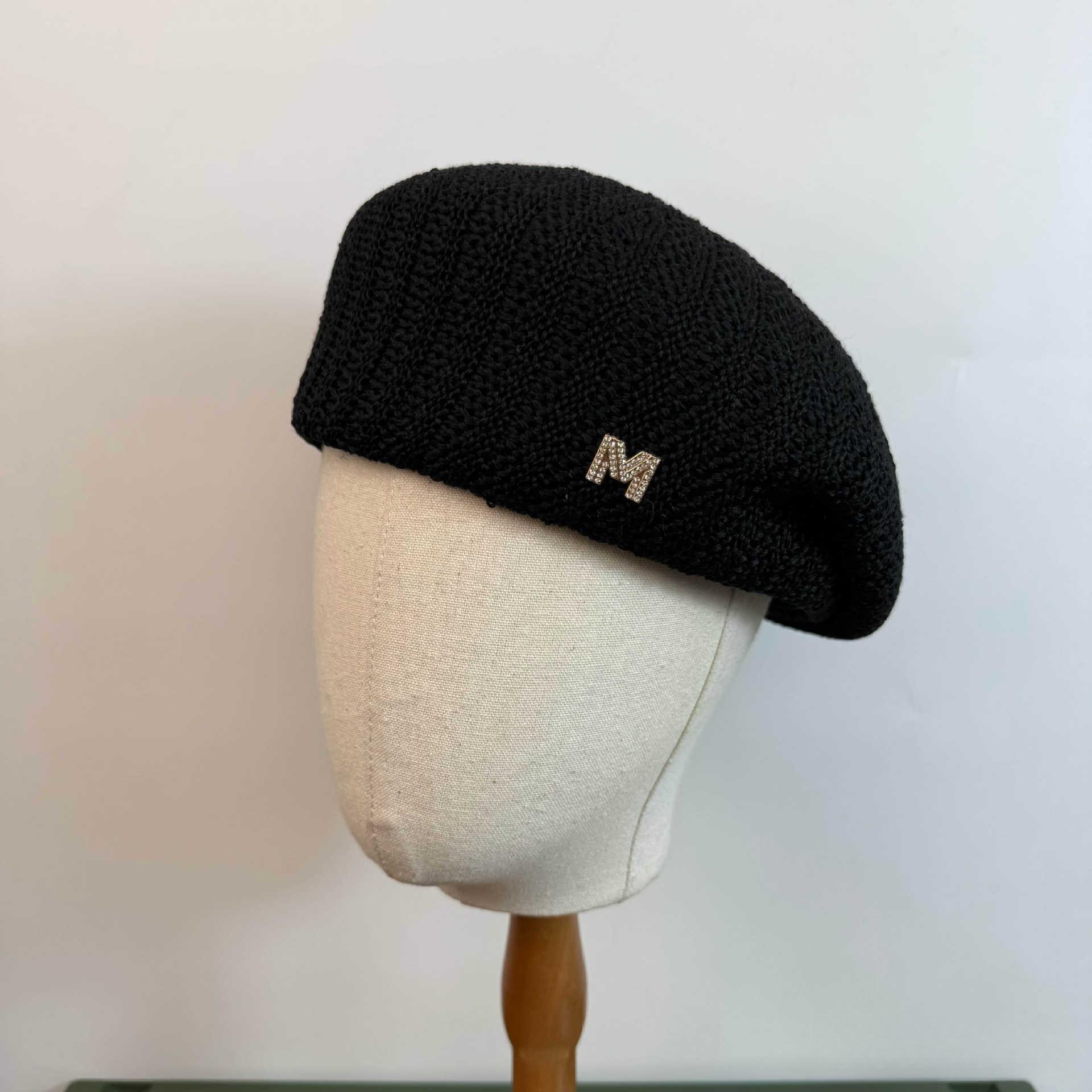 

Summer Solid Knitted Beret Cap For Women Top Quality Best Matched Bonnets Cap With M Logo Outdoor Breathable Casual Bonia Gift чорний