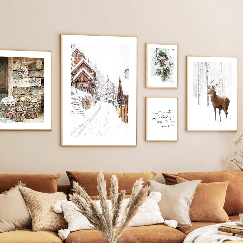 Snow Mountain Deer Squirrel Sheep Pine Leaf Road Wall Art Canvas Painting Posters And Prints Wall Pictures For Living Room Decor