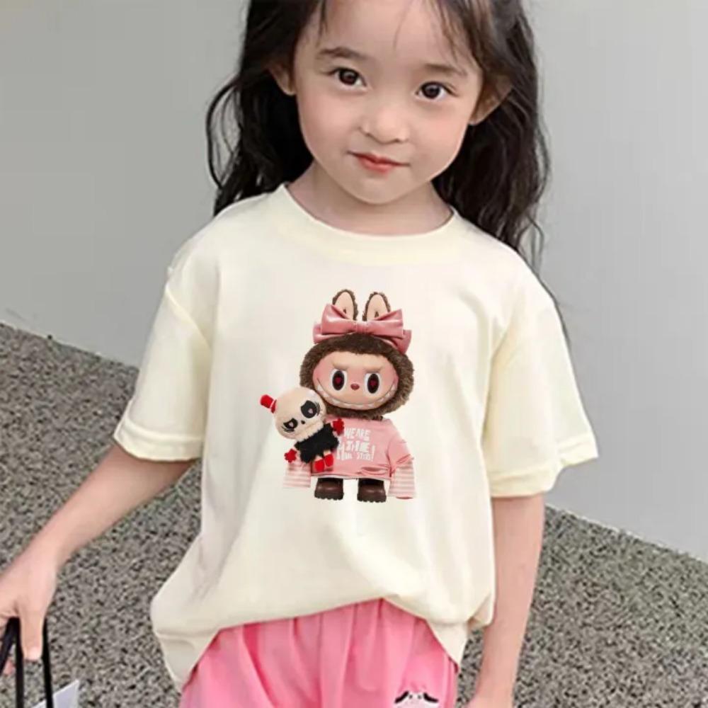 2025 New LABUBU Children's T-shirt Cartoon Style LABUBU Printed Girl Round Neck Short Sleeve Cute and Beautiful Girl's Top