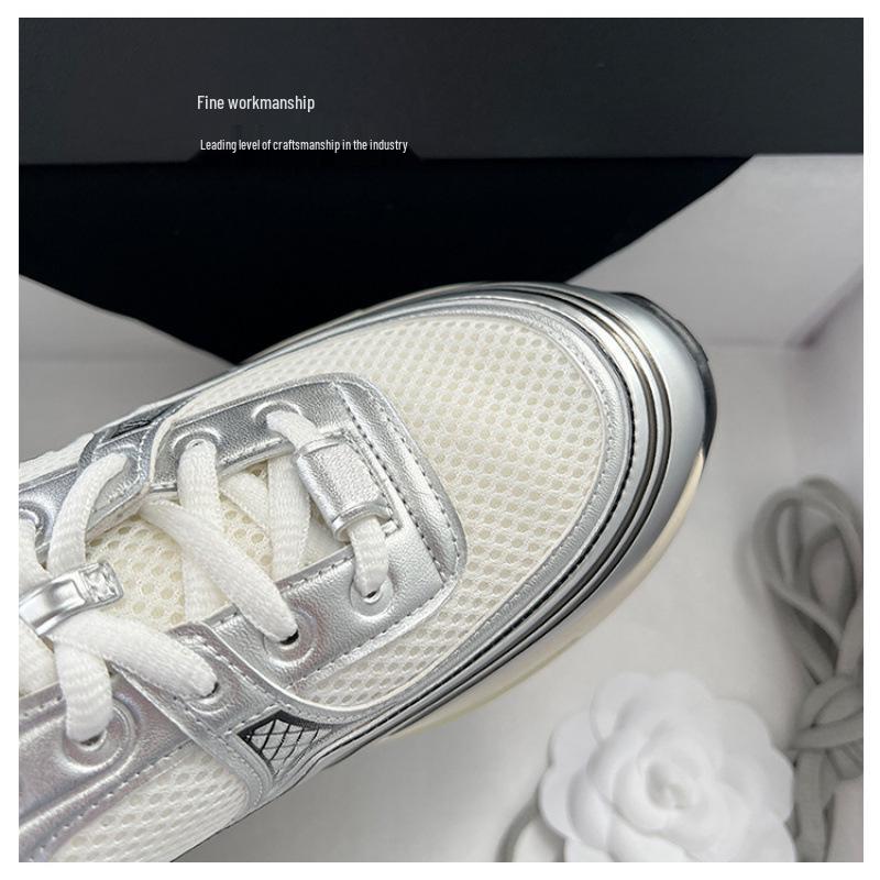 Srebrne Wysokie Damskie Grube Sneakersy w Stylu 'Dad Shoes' - Zwiększające Wzrost, Sznurowane Codzienne Buty Sportowe