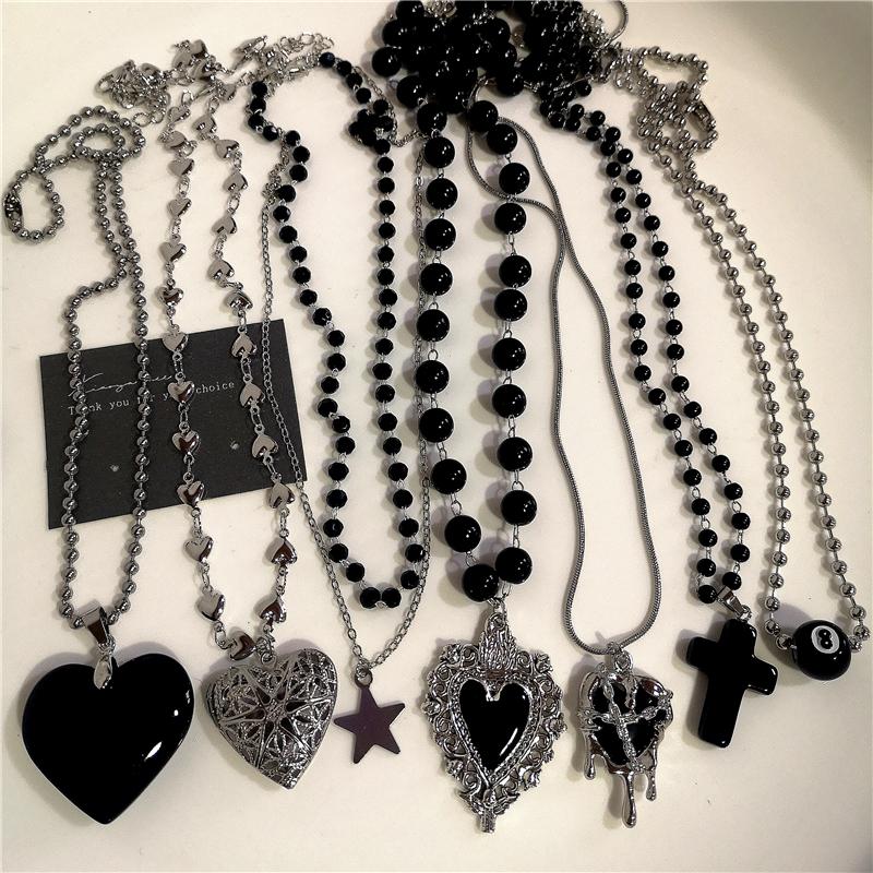 Gothic Punk Black Peach Heart Star Pendant Chain Necklace For Women Men Y2K Hip Hop Charm Trendy Jewelry Anniversary Accessories