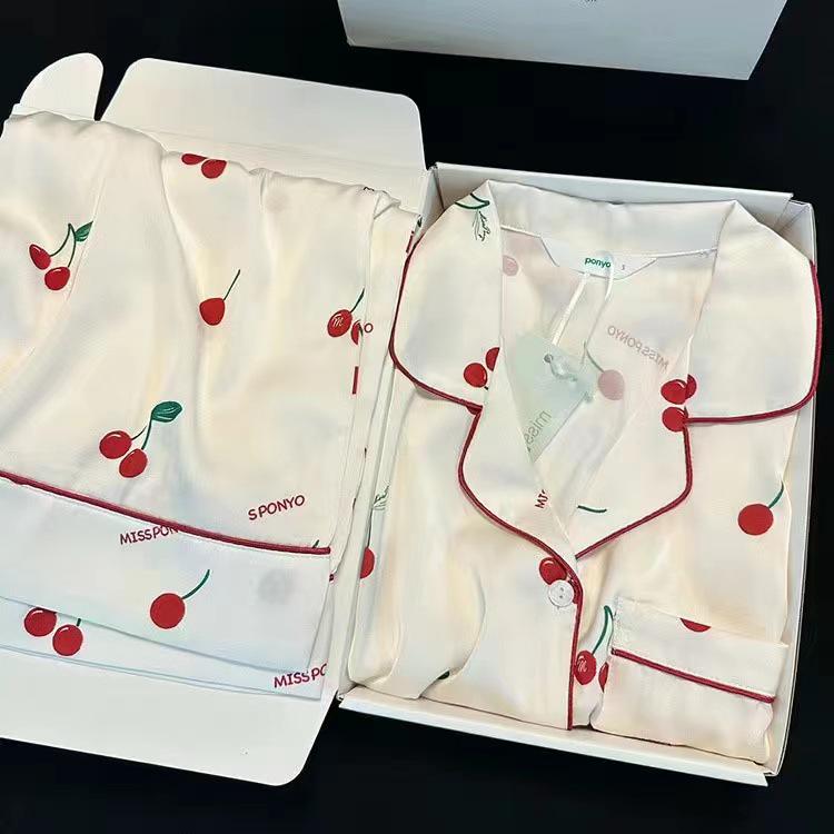 

Женская пижама в корейском стиле из искусственного шелка - Комплект из двух предметов с длинным рукавом и рисунком тушью для весны и осени XXL