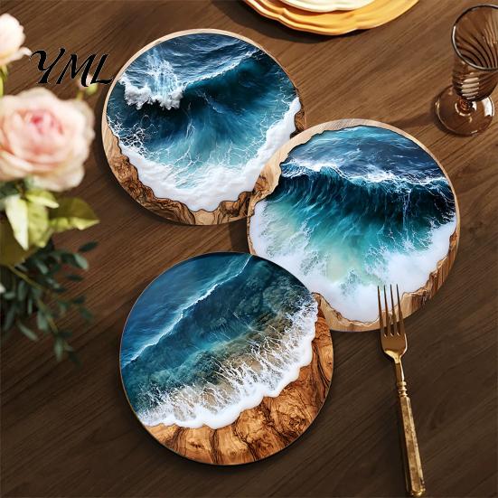 Classroom Desk Decorative Pads 4 Pcs Wooden Coasters, Ocean Wave Design Heat Resistant Round Unique Cup Mats Drink Coaster for Coffee Shop,