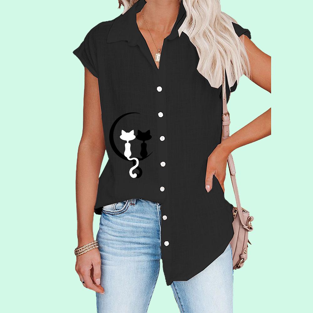 Women Lapel Collar Cat Print T-shirt Fashion Short Sleeve Blouses Spring&Summer Casual Plus Size Thin Cardigan Shirt
