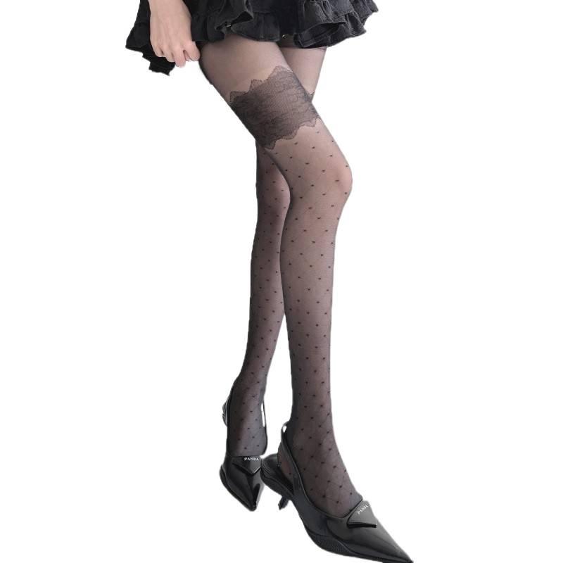 Thin Jacquard Silk Thigh-High Stockings: Milk White & Black, Spring/Autumn