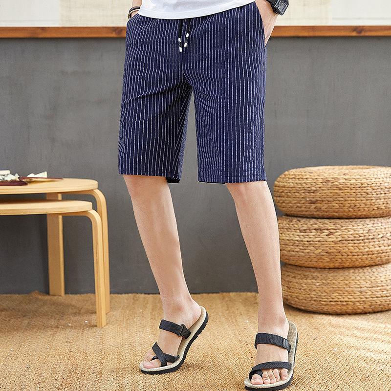 Summer Men's Five Point Pants Striped Shorts Men's Loose Short Pants Elastic Waist Sweatpants Home Pants Plus Size