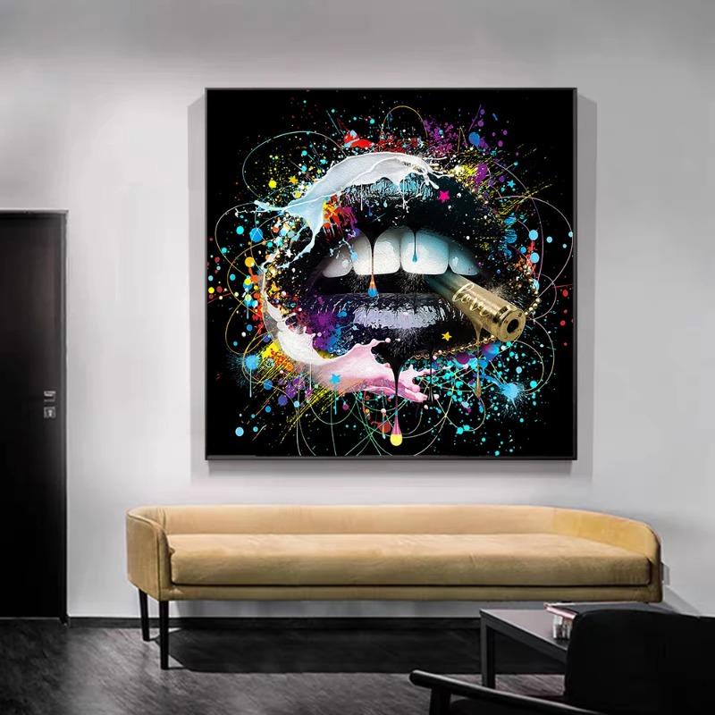 Bullet Biting Mouth Graffiti Art Canvas Painting Abstract Creative Posters and Prints Wall Picture for Living Room Home Decor