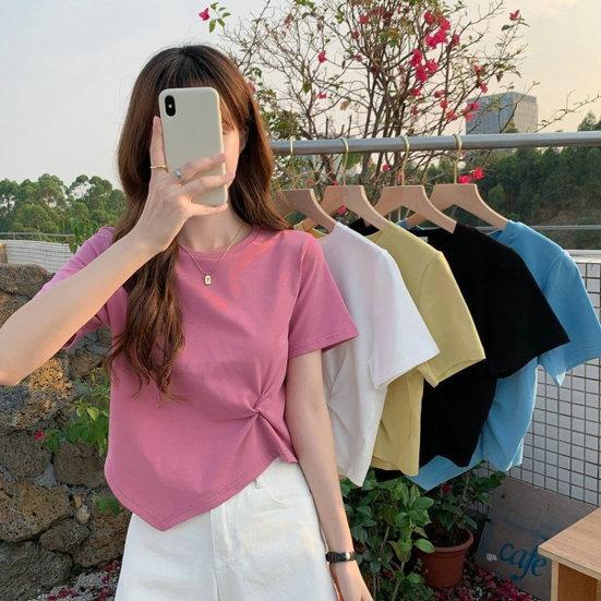 Frauen T-shirt Unregelmäßigen Saum Einfarbig Knoten Dekor Rundhals