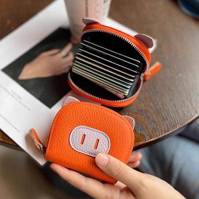 PU-Leder Damen Leicht Student Cartoon Niedliches Schwein Reißverschluss Multi-Karten Kartenetui Weicher Clip Münzbeutel Mini-Clutch Kopfhörertasche
