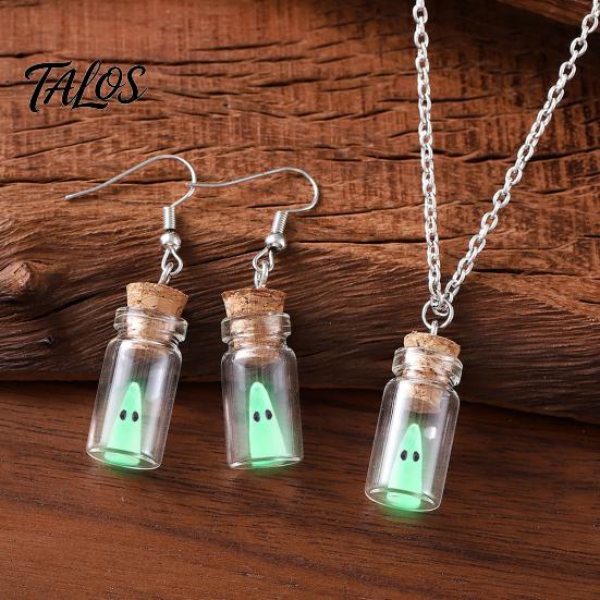 Kreatives Geschenk für sie Leuchtgeister Halskette, Leuchtet im Dunkeln in Flaschenanhänger, Niedliche Hexen Ästhetik Halskette Ohrringe, Gothic Halloween