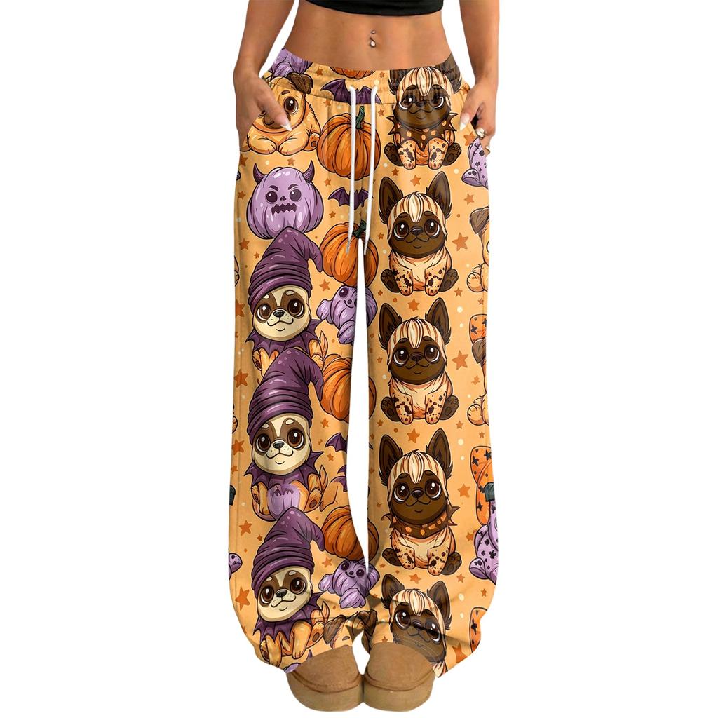 Women's Halloween Print Loose Fit Drawstring Waist Wide Leg Pants for Casual Daily Wear