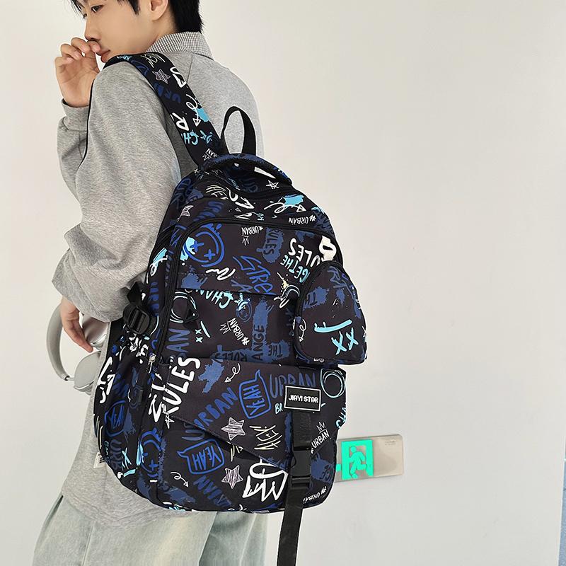 Graffiti-Print Herren Rucksack mit großem Fassungsvermögen Damen Leichter Schulrucksack aus Nylon für Studenten mit Münzbörse
