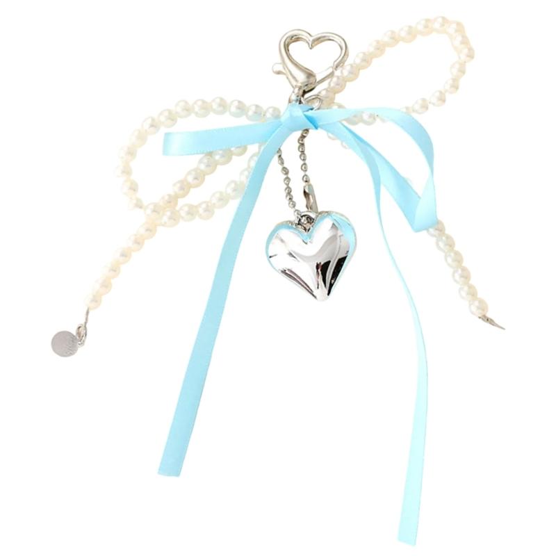 Elegant Pearls Bows Bag Pendant Practical Keychain Heart Shape Phone Ornament Keyring for Purse Handbag Decoration