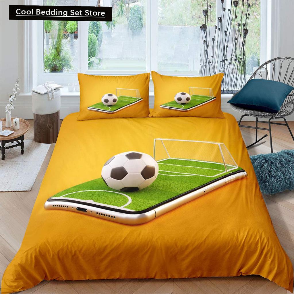 Husă de Plapumă Verde Teren de Fotbal King Queen Husă de Plapumă Teren de Fotbal Set de Lenjerie de Pat pentru Băieți Bărbați Jocuri Sportive Husă de Plapumă Poliester