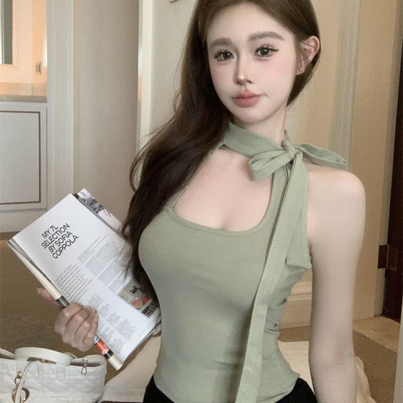 Retro Square Neck Halter Bowknot Tank Top - Slim & Trendy Summer 2025 Design Small