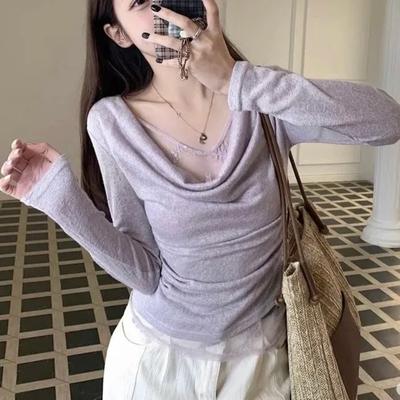 Women's Draped Neck Lace Patchwork Long Sleeve Top Slim Fit Elegant Knit Blouse