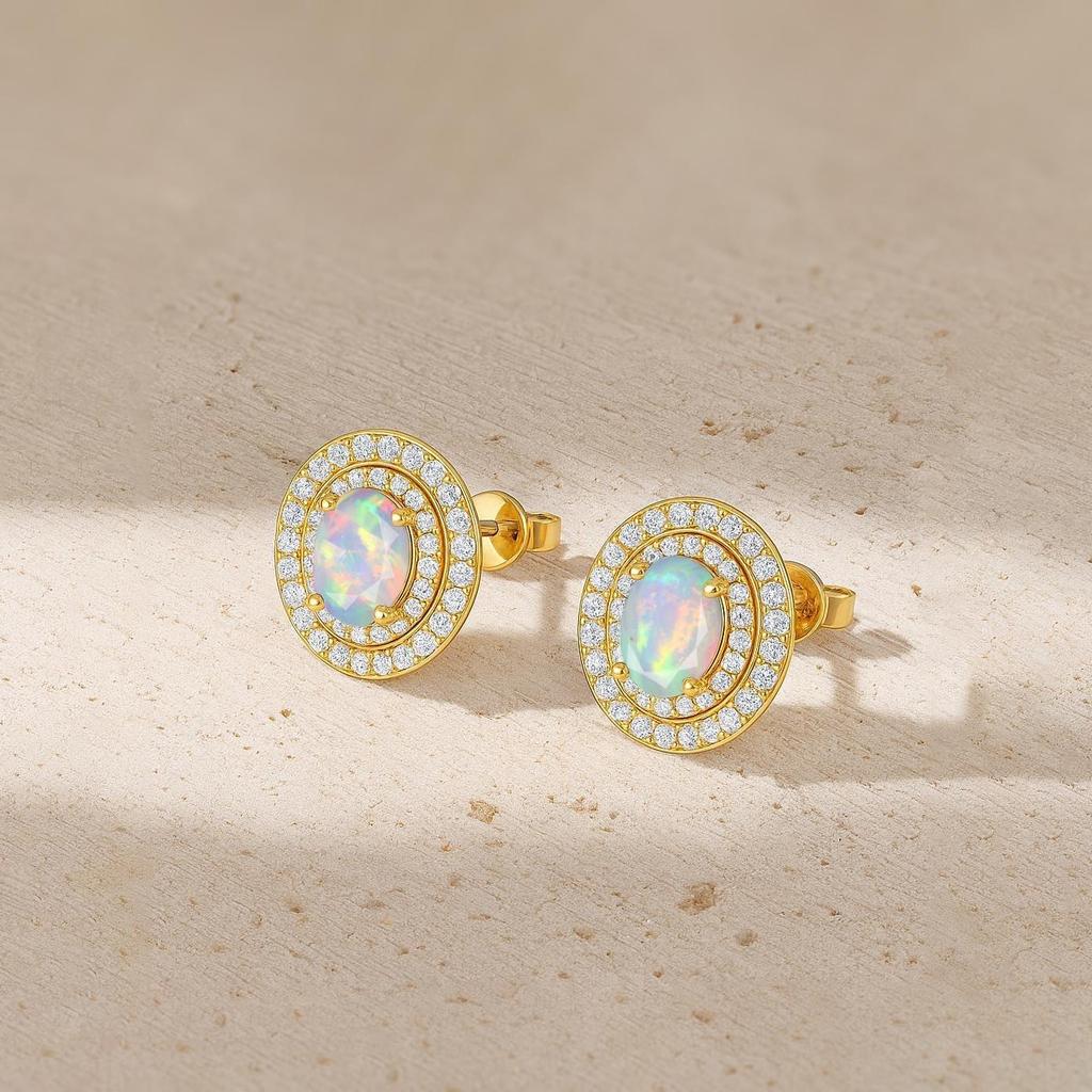 Natural White Opal Gemstone Halo Style Stud Earring, AAA Multifire Opal Gemstone Stud Earring, October Birthstone Earrings, Handmade Gift
