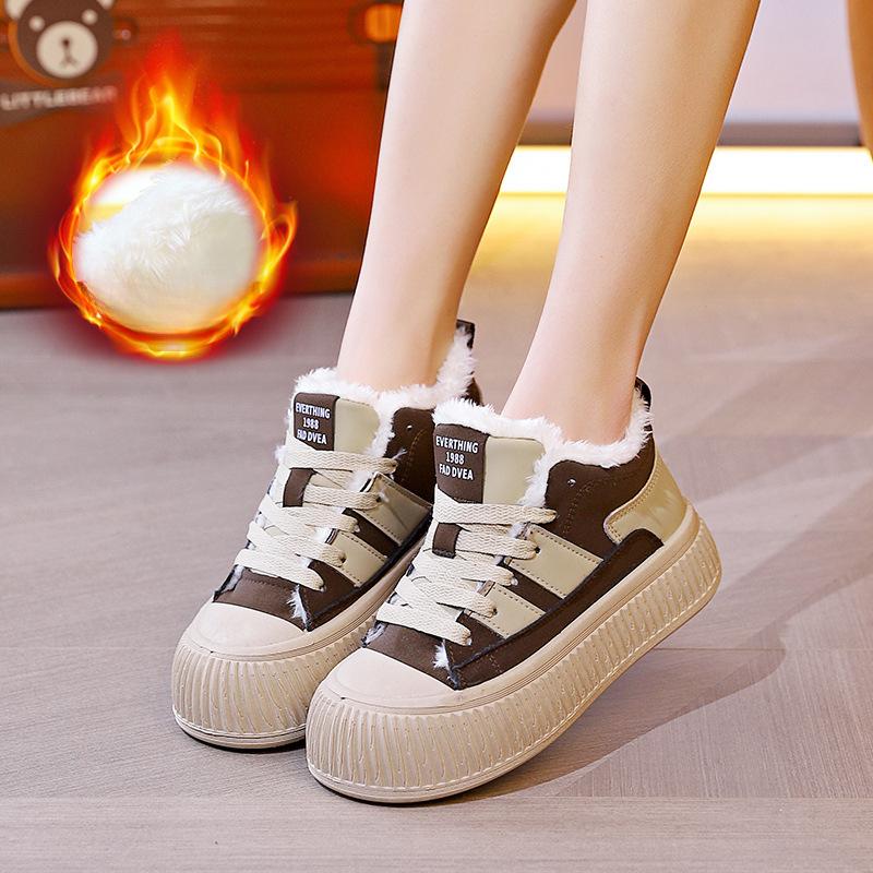 

Женские зимние кроссовки на массивной платформе, нескользящая обувь для ходьбы с меховой подкладкой, удобные ботинки на шнуровке для снега для женщин, уличные теплые короткие ботильоны 40 коричневый