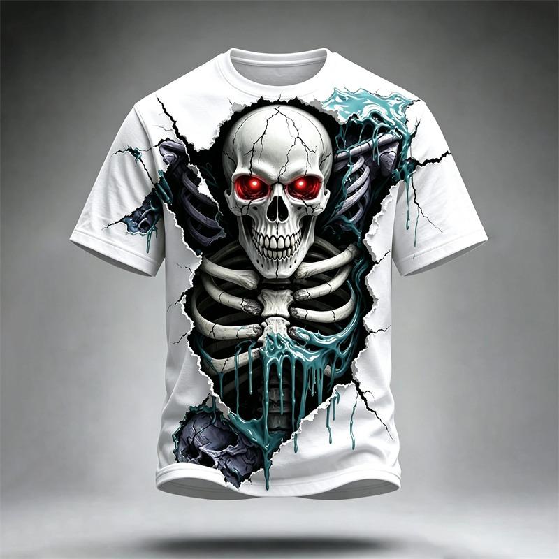 Men's Casual Round-Neck Short-Sleeve T-Shirt Trendy Men's Top with Flame and Skull Print  Shirt for Holiday Parties
