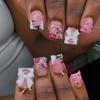 24 Pcs Valentines Day Press On Nail Short Square False Nail 3D Bows Stick On Nail French Tip Artificial Nail