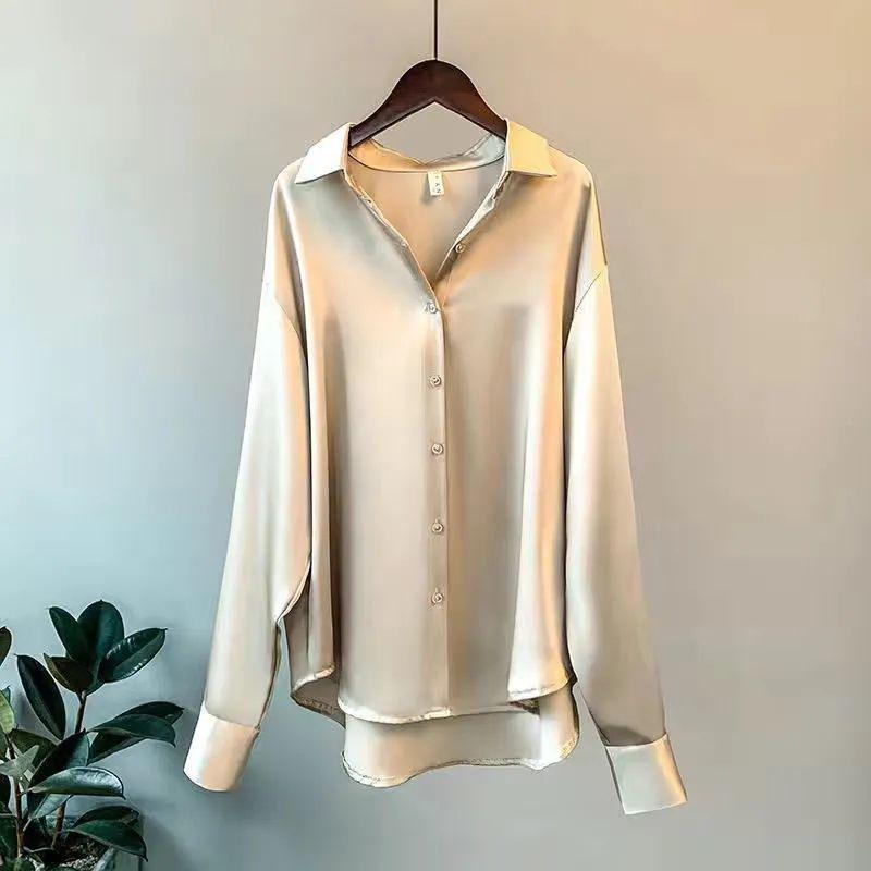 Women's Long Sleeve Satin Shirt - 2025 Retro Drapey Top, Versatile Hong Kong Style for Spring & Autumn