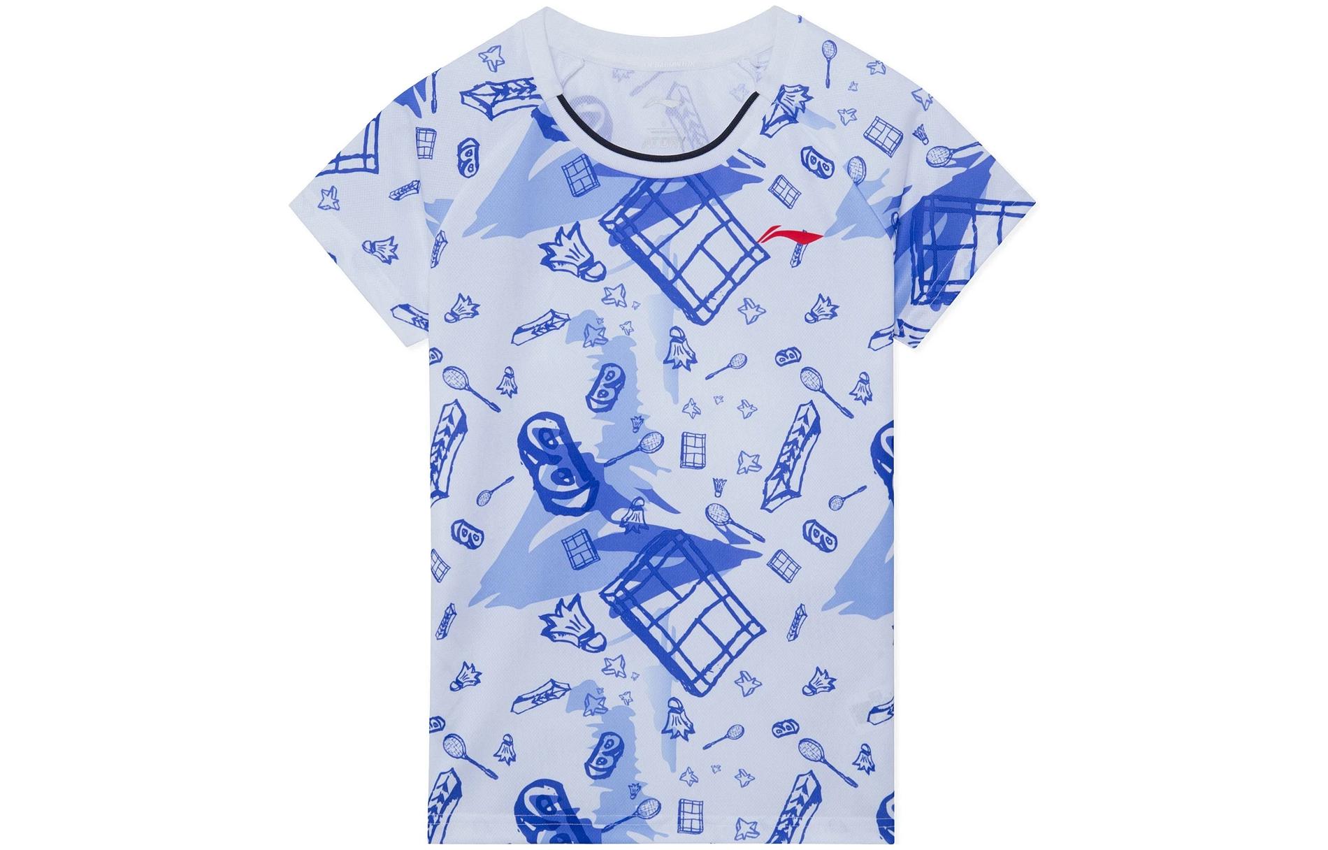 Li Ning Badminton Collection T Shirts Women s Blue Crew Neck Moderate Straight Fit AHSS468-2 XL