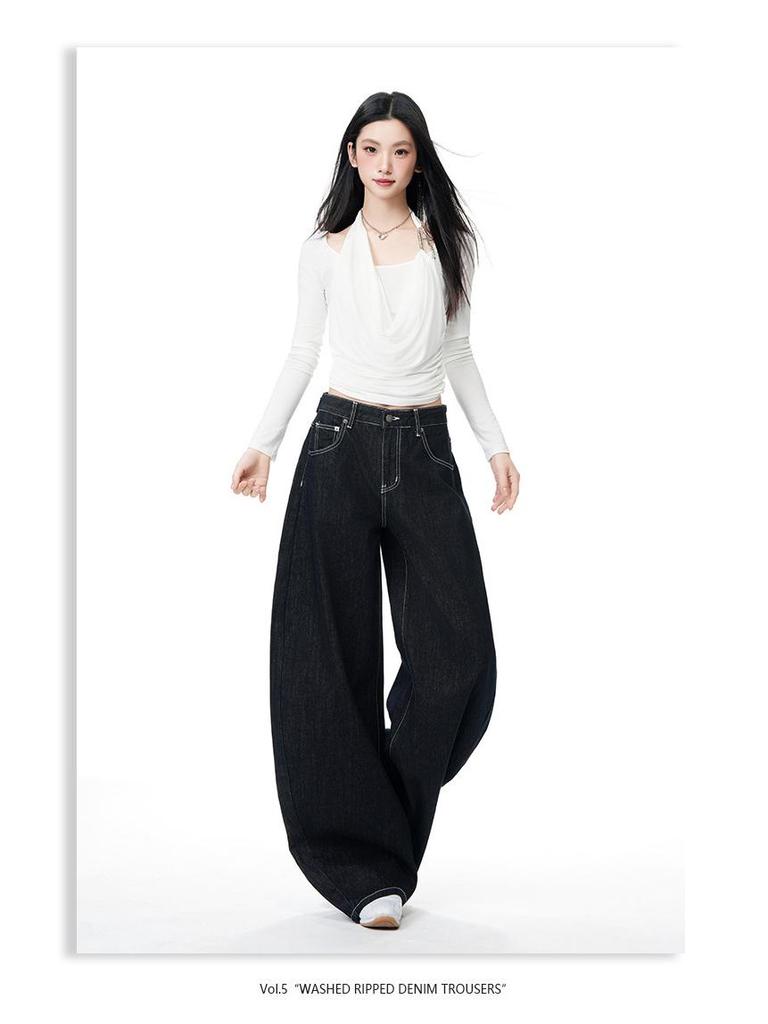 Women's Non-Sticky Wide-Leg Jeans: Spring Loose, Curved Style, Slim-Fit Pants