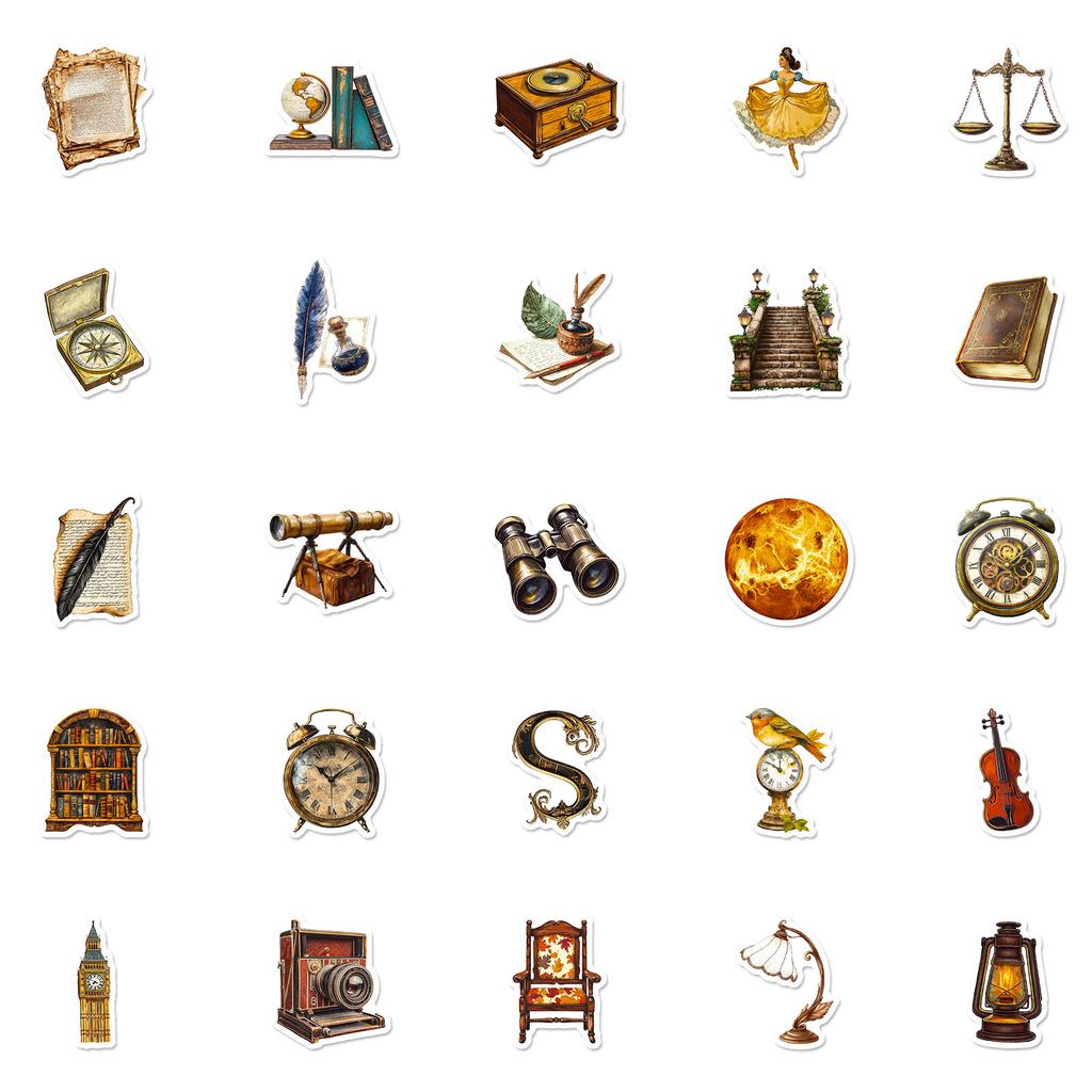 New 50 European Retro Old Objects Graffiti Stickers Poster Style Hand Account Decoration Material Stickers