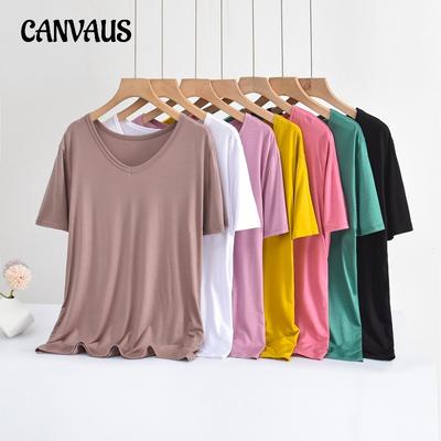 Maglietta estiva da donna, ampia, taglie forti, scollo a V, in modal, a maniche corte, con fondo a camicia, maglietta tinta unita