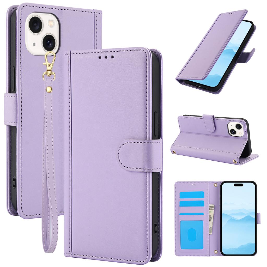 SY-003 For iPhone 15 Plus/14 Plus Case PU Leather Stand View Phone Wallet Cover with Hand Strap